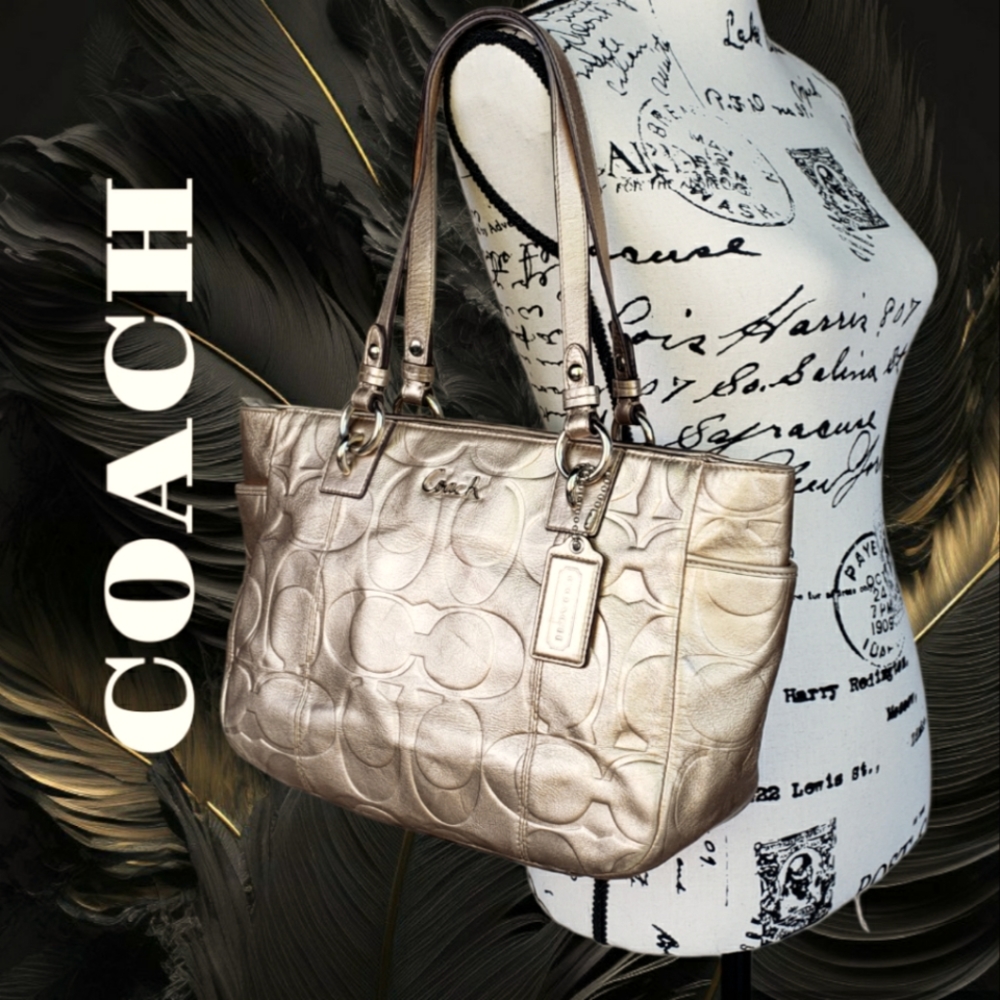 💯 COACH Gold Gallery Embossed Metallic Leather Tote Purse